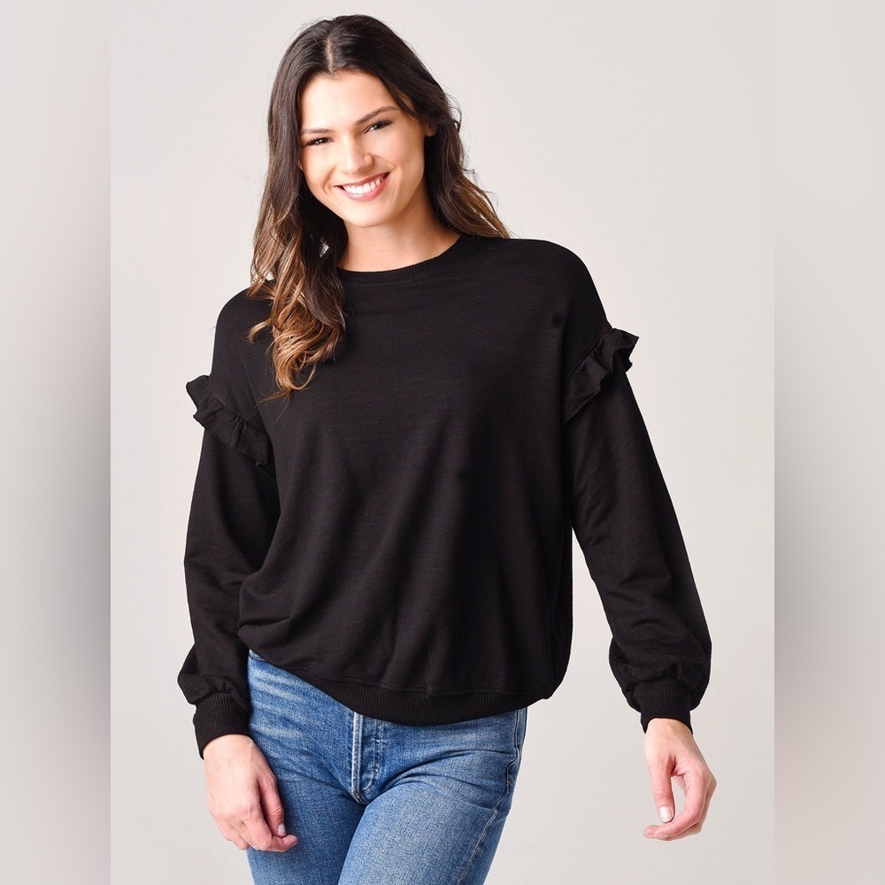 Monrow Super Soft Ruffle Insert Black Sweatshirt sz S